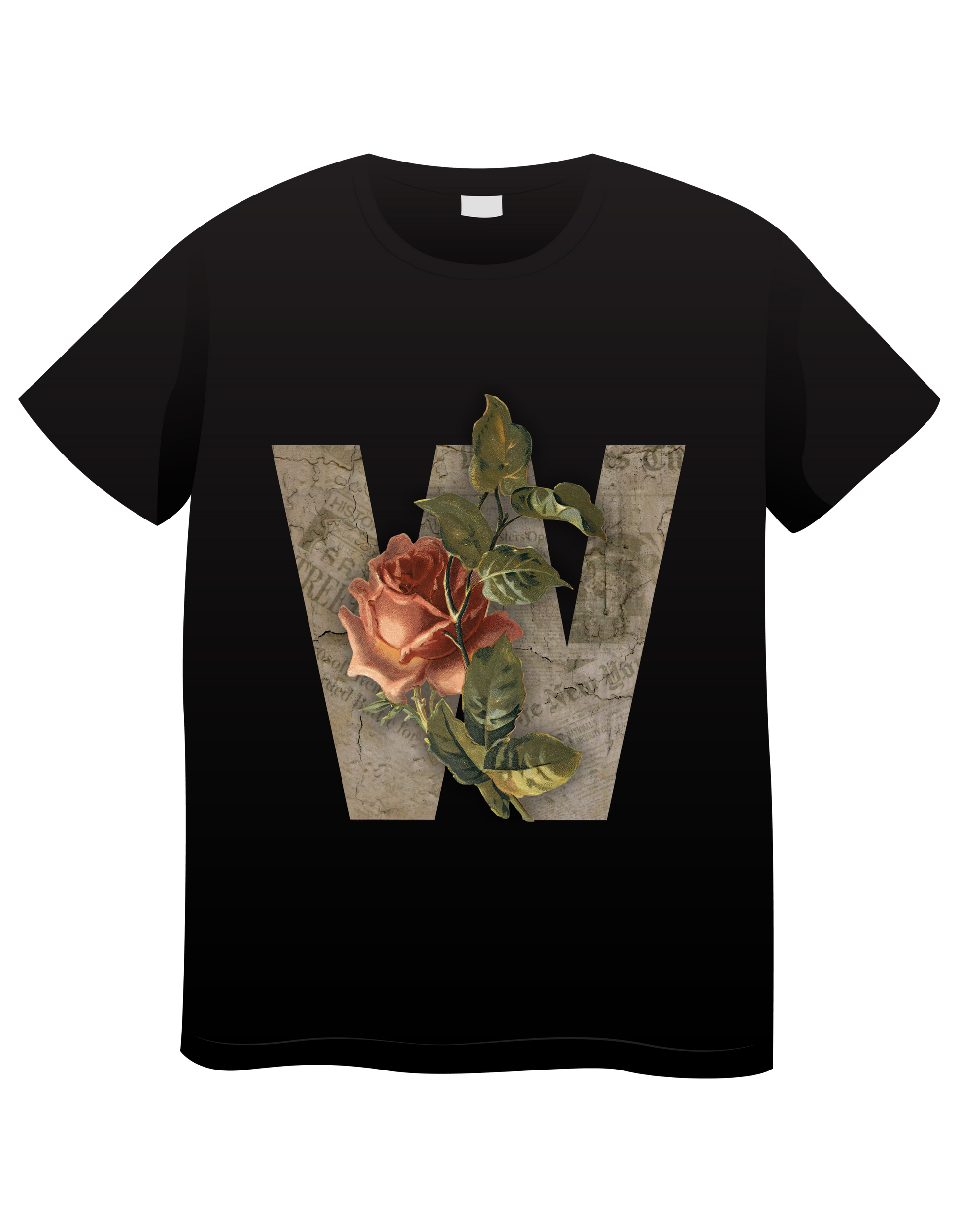 Black unisex T-shirt with a W Rose design, Fluxaroo brand