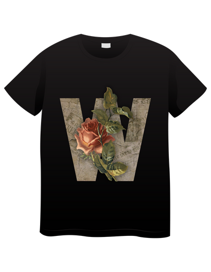 Black unisex T-shirt with a W Rose design, Fluxaroo brand