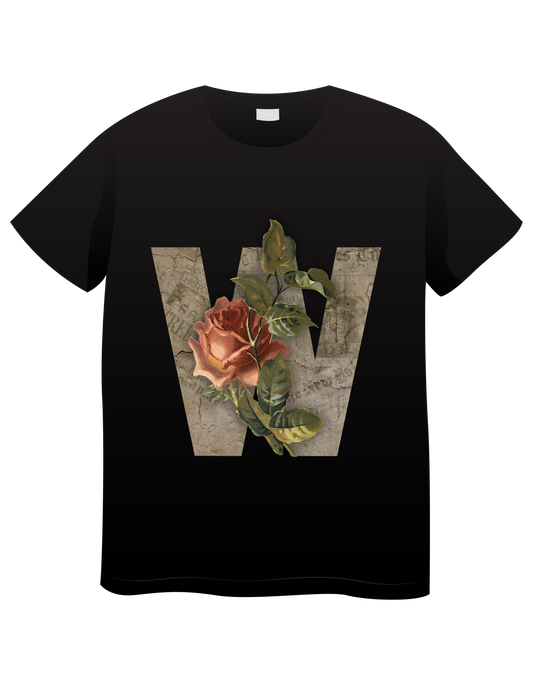 Black unisex T-shirt with a W Rose design, Fluxaroo brand